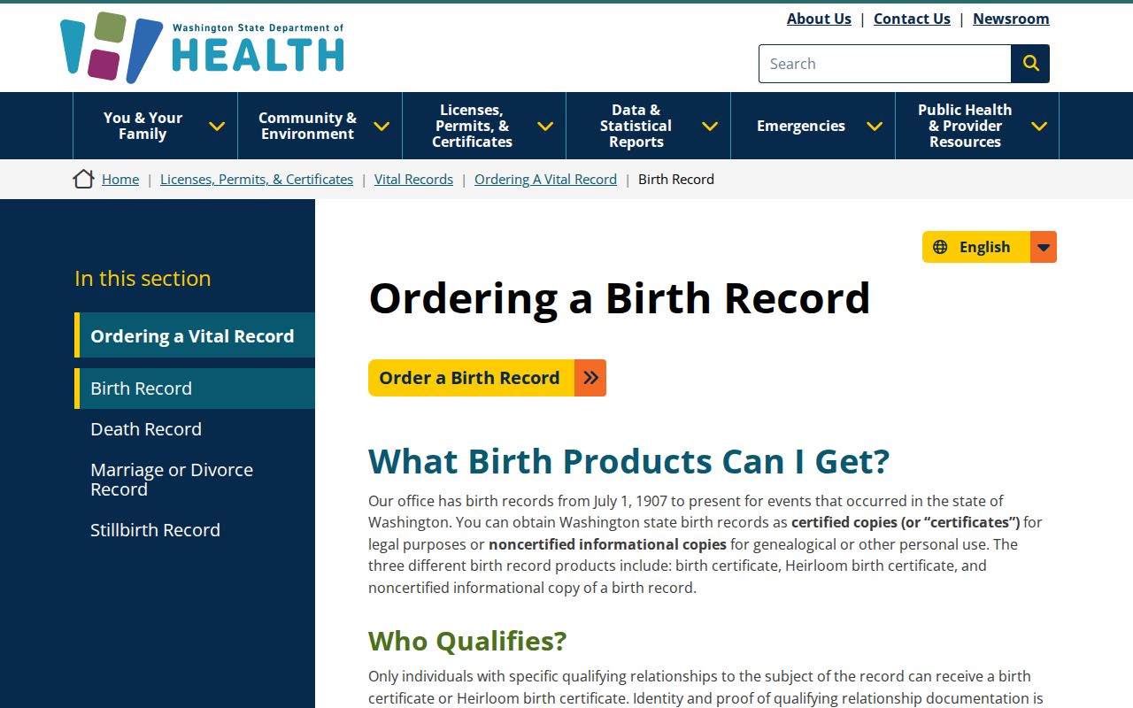 Spokane County public records birth certificate ordering